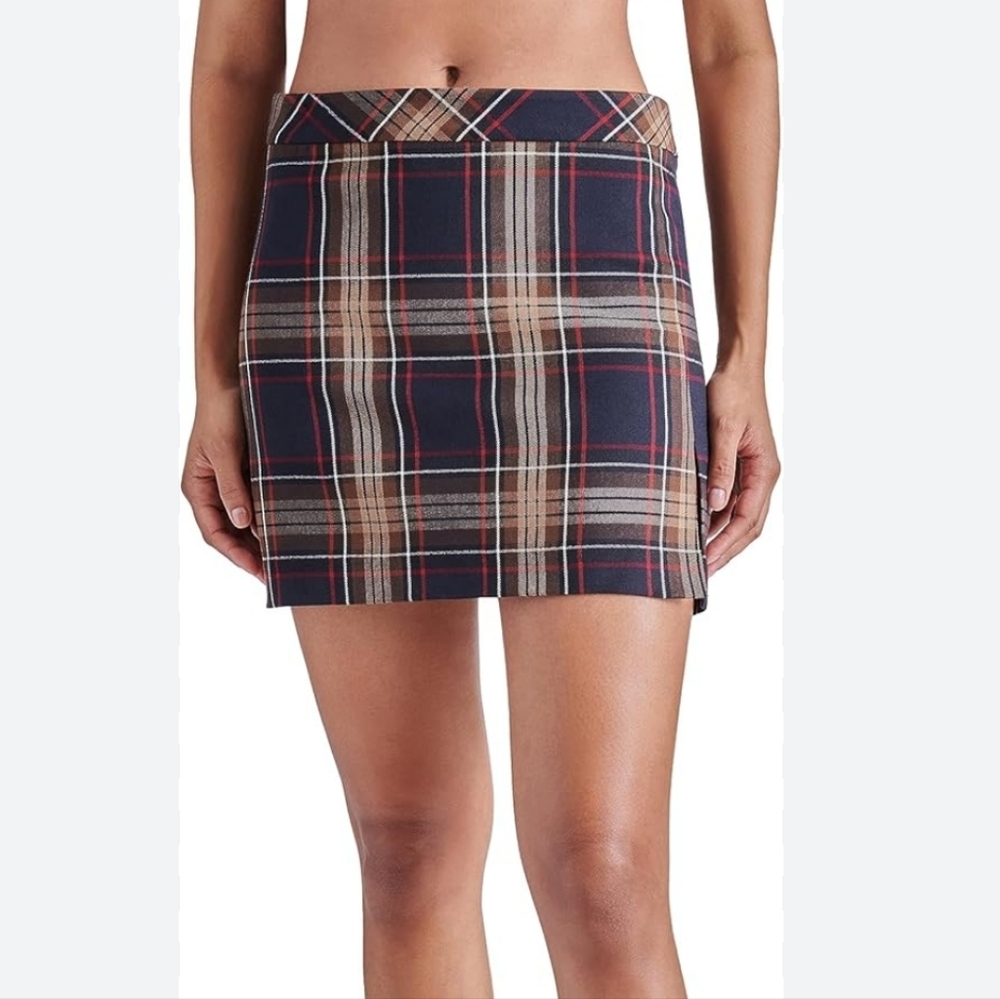 Steve Madden Navy Plaid Mini Skirt with Brown and Red Accents